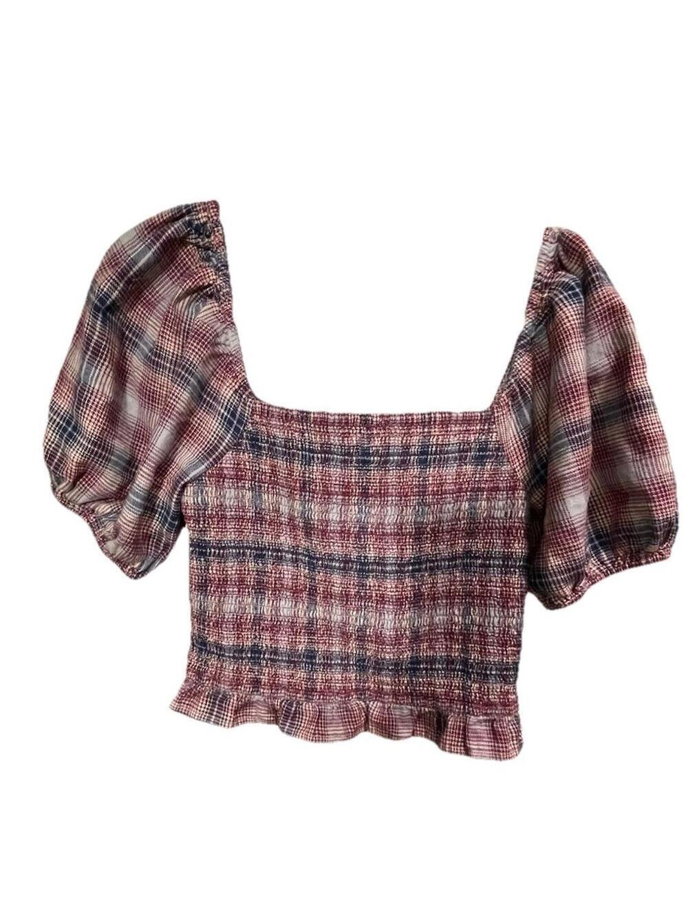 American Eagle Plaid Off The Shoulder Boho Cottage Peasant Smocked  Top Sz M